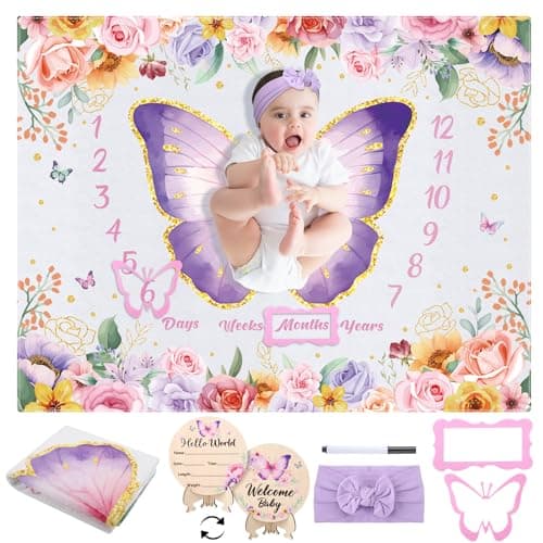 GGSTDDUP Butterfly Milestone Blanket Set for Baby Girls Floral Monthly Baby Milestone Blanket Growth Blanket Newborn Photography Background with Wooden Signs Frames Bow HeadbandPurple