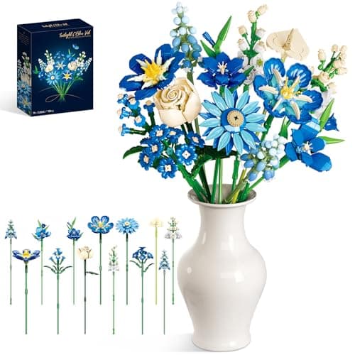 Loyratche Blue Flower Bouquet Building Set Compatible with Lego Flowers for Adults Artificial Botanical Collection Kit for Valentines Day Mothers Gifts Home Room Desk Shelf Decor