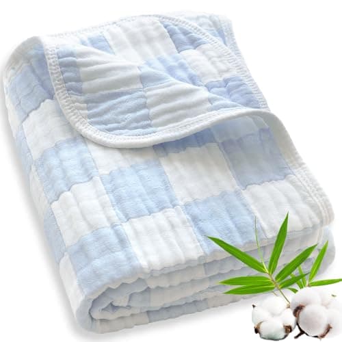 BEILIMU Muslin Baby Blankets for Boys Girls 70 Cotton and 30 Rayon Blanket for Infant Toddler Super Soft and Lightweight Blankets with Checkerboard Design Blue 43 x 43 Inches