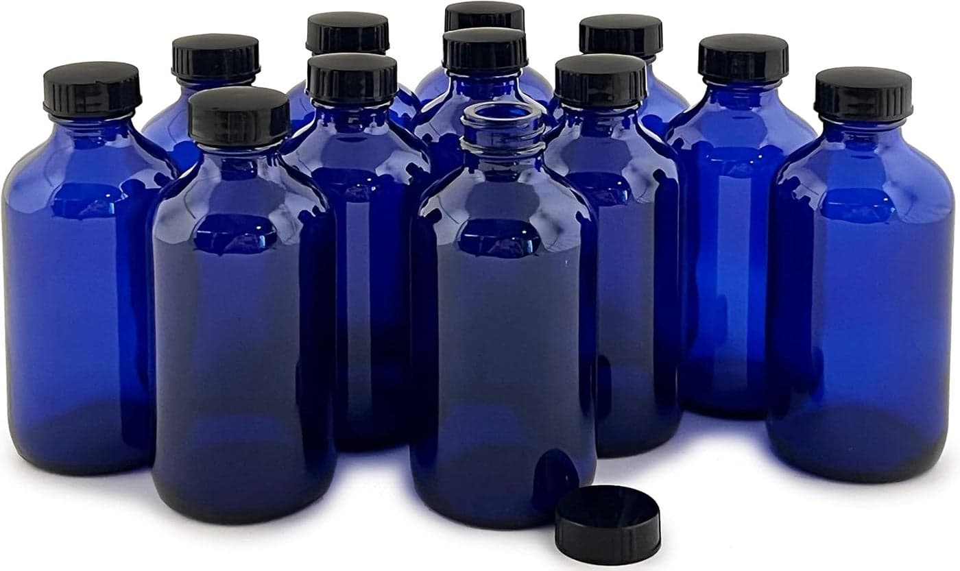 Vivaplex 12 Cobalt Blue 8 oz Glass Bottles with Lids