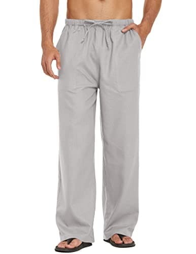 COOFANDY Mens Linen Cotton Pants Loose Fit Casual Linen Pants Summer Beach Pants A- Grey