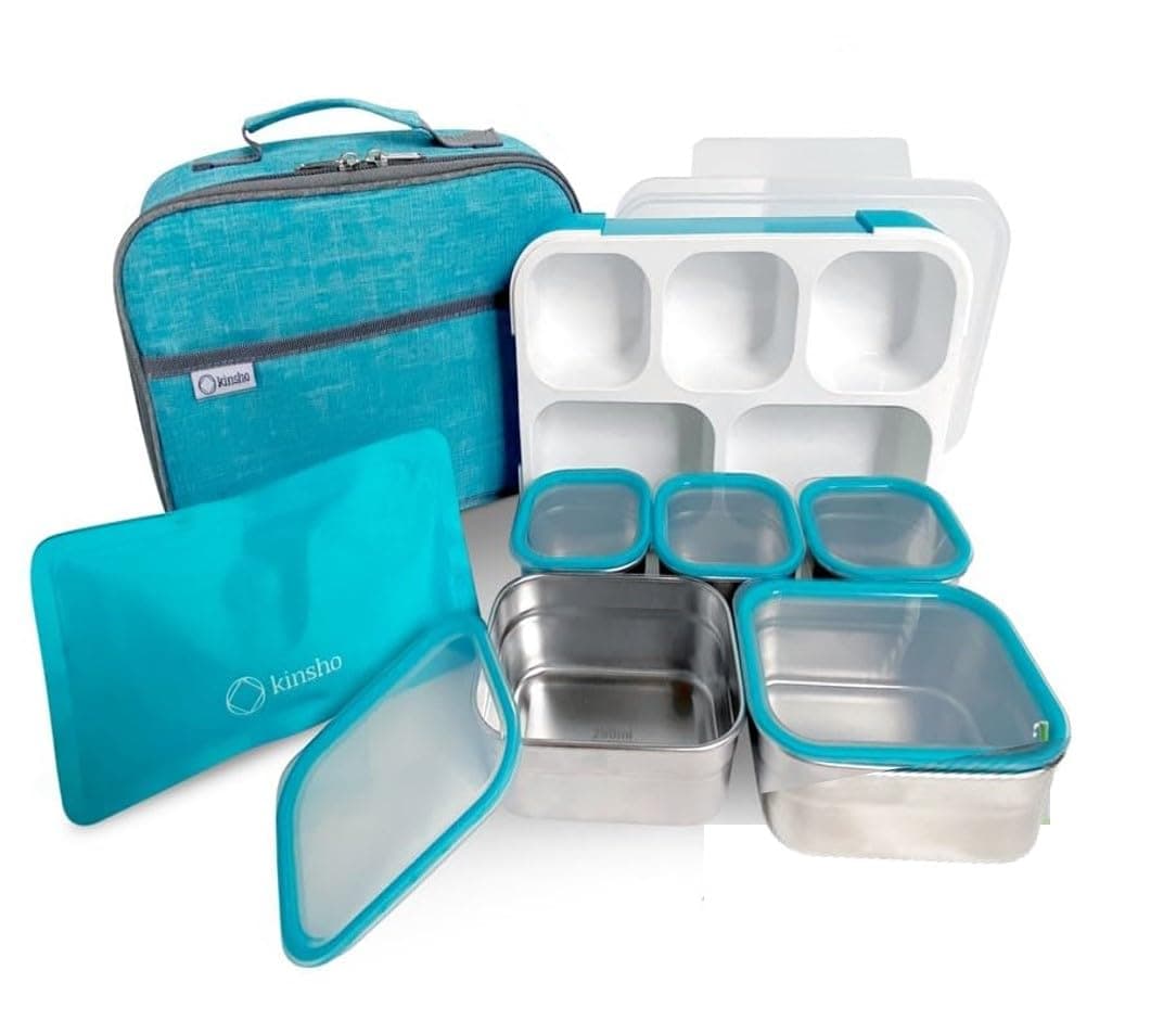 Stainless Steel Kids Bento LunchBox with Lunch Bag Ice Pack for Toddler Kids Adult LeakProof School Lunch Container Boxes Snack Food Containers for Daycare 5 Compartment SnackleBox 34 oz Blue