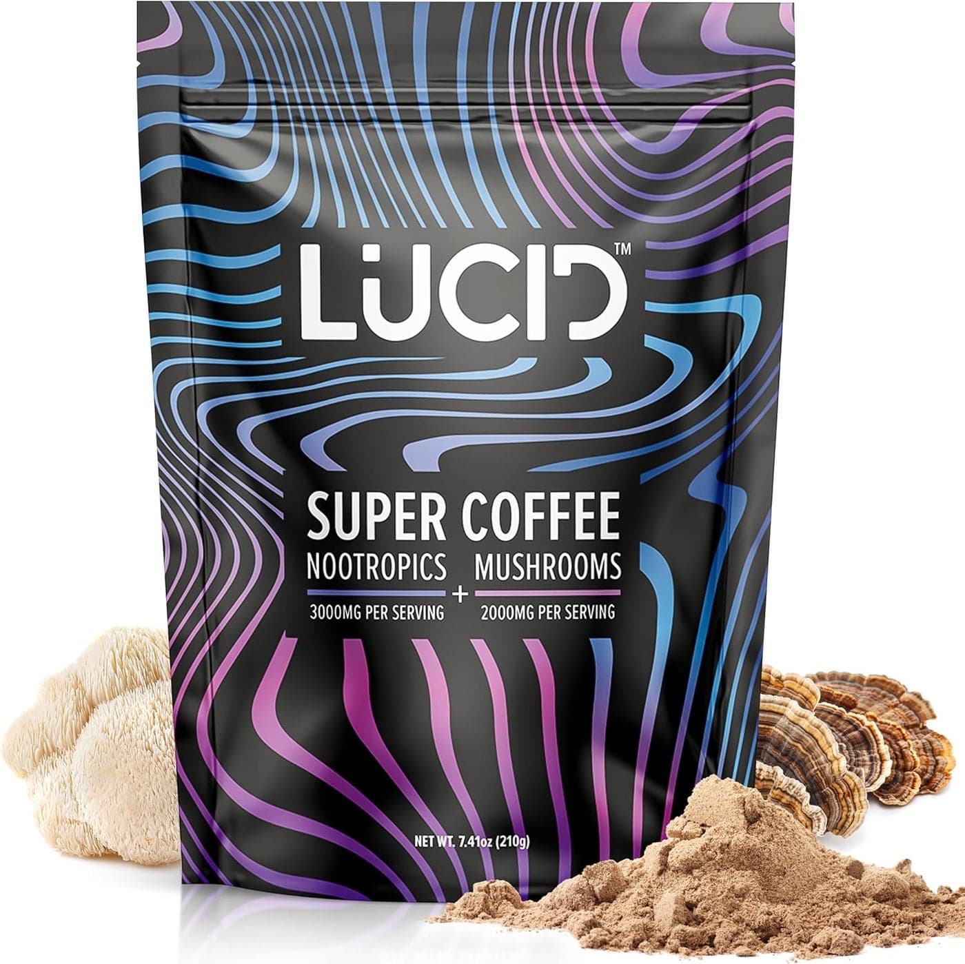 Lucid Superfood Organic Mushroom Coffee with Nootropics Lions Mane Tremella Cordyceps Turkey Tail Instant Mushroom Coffee Focus Brain Health Alpha GPC LTheanine Ginko Biloba USA Made
