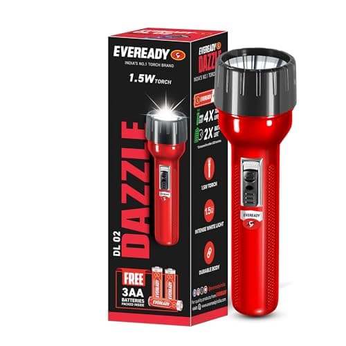 Eveready DL02 Dazzle, 1.5W Emergency Torch, Durable Aluminium Body, Bright White LED Torch, Powered by 3xAA Batteries