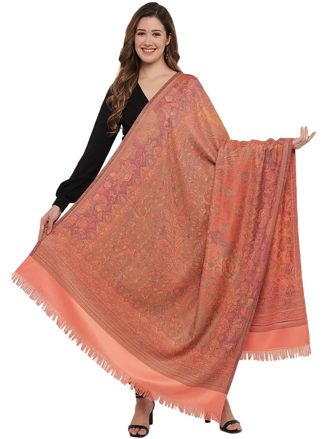 Pashtush Women's Jamawar Reversible Shawl, Morning Peach