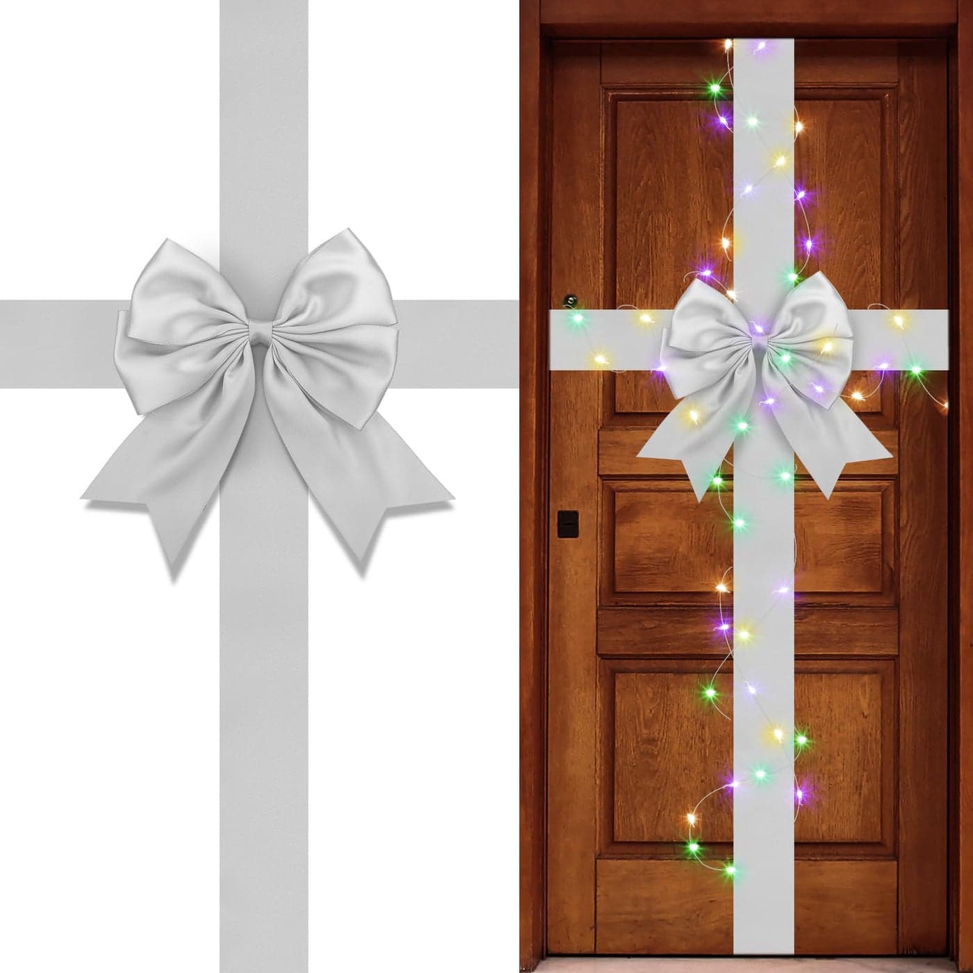 Spiareal Christmas Cabinet Door Ribbon Bow with LED Light Large Glowing Bow Christmas Wreath Bow Xmas Tree Bow Festival Wrapping Decorations for Xmas Tree Fireplace Home Front DoorSilver
