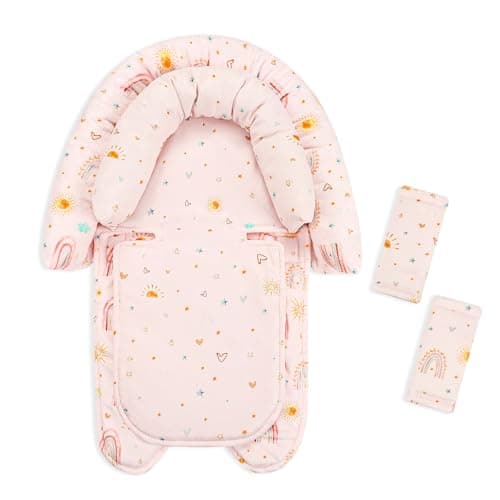 CARUILI 2-in-1 Infant Car Seat Insert, Upgraded Newborn Carseat Insert, Breathable & Soft Baby Car Seat Head Support with 2 Strap Covers for Girls, Perfect for Carseat, Stroller, Swing, Pink
