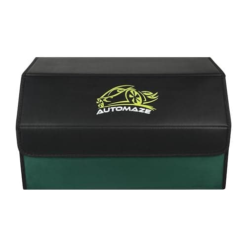 Automaze Car Trunk Organizer, PU Leather Trunk Cargo Organizer, Collapsible Portable Car Storage Organizer SUV, Grocery, Camping (Black With Suede Green, Medium)