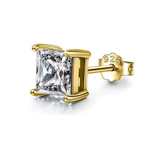 HIGHSPARK 925 Silver Men's Square Solitaire Stud Earring | 92.5 Sterling Silver and Diamond like Brilliance Sparkling Zirconia | Single Stud for Men | Lovely Gift - Gold 7mm