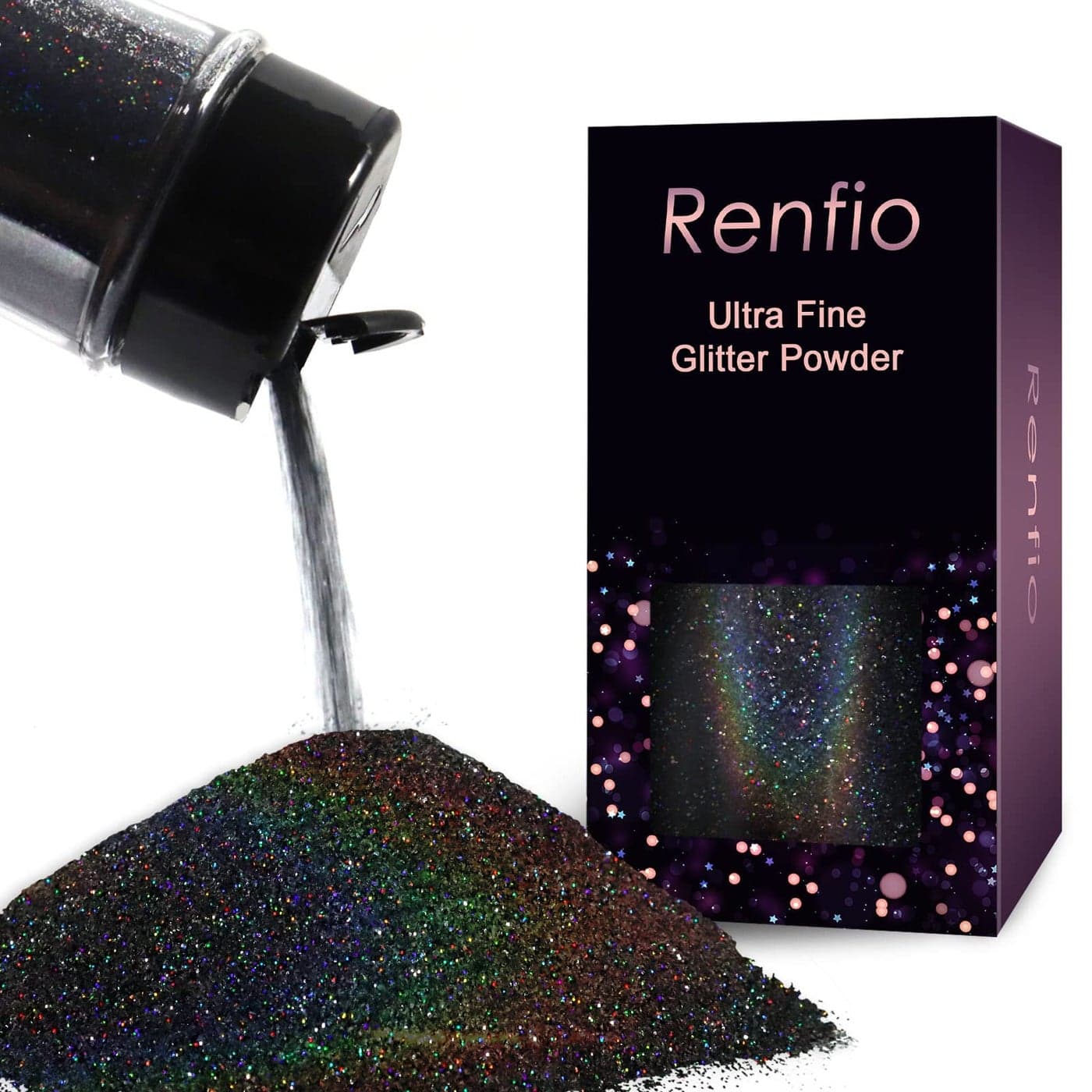 Renfio Holographic Ultra Fine Glitter Powder Metallic Resin Glitter 211 Oz 60g PET Flakes Crafts Sequins 1128 0008 02mm Epoxy Chips Flakes for Tumblers Slime Olympic Decorations Laser Black