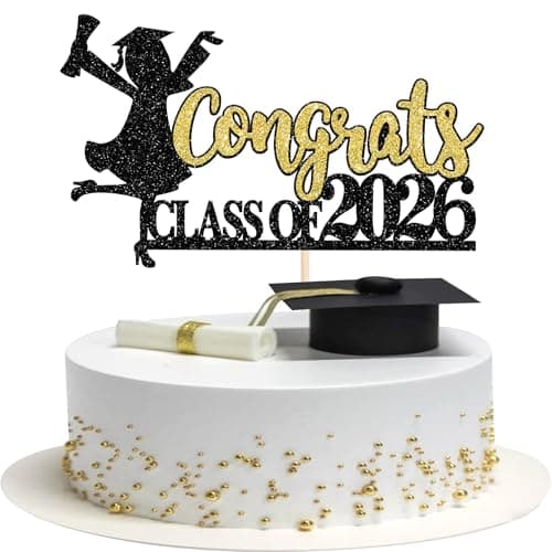 1 Pack Congrats Class of 2026 Cake Toppers Graduation Girl Cake Picks Glitter 2026 Graduation Cake Decorations for Theme High School Girls Graduate Cake Decorations Party Supplies Gold Black