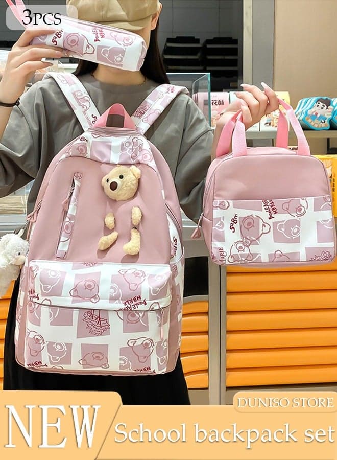 3PCS Kids School Backpack Set Canvas Laptop School Bag Sets for Kids with Lunch Bag,Pencil Box,Large-capacity Bookbag for Girls Boys Back to School Supplies