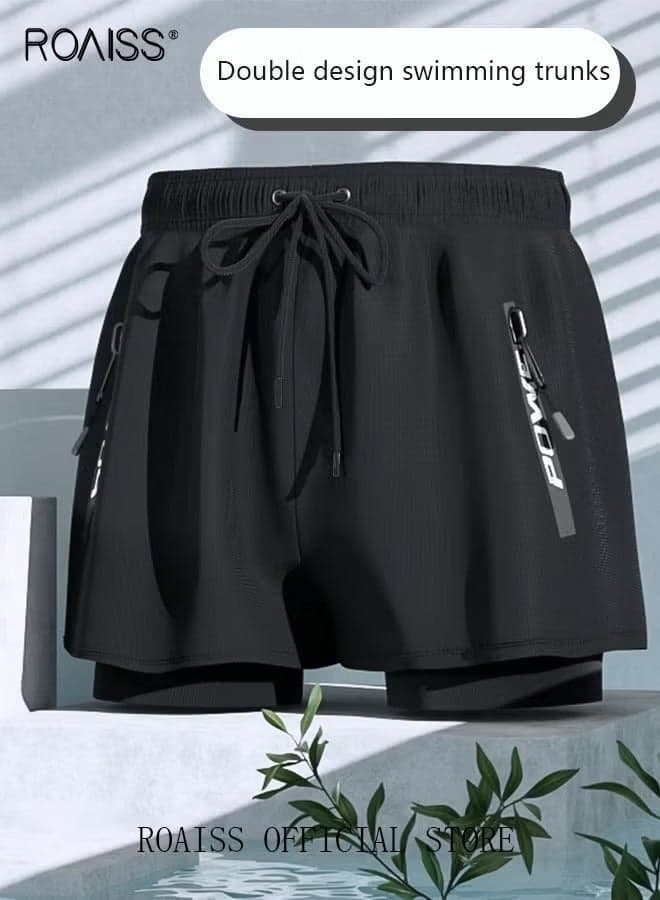 Men's Swimming Trunks Beachwear Quick Dry Gym Wear Beach Pants Fitness Shorts Fitness Workout Short Sports Running Shorts with Inner Compression Solid Black