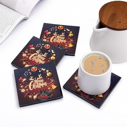 GIBOX Tea & Wine Table Coaster for Home & Kitchen Dining Table Gold Plated Enamel Glossy Finish Marry Christmas Wooden (Set of 4) Office, Bar Table with Absorbent & Anti Slip Hot & Cold Drinks