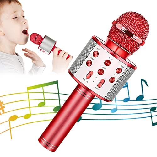 Wireless Bluetooth Karaoke Microphone for Kids 5in1 Portable Handheld Karaoke Mic Speaker Player Recorder with Adjustable Remix FM Radio for Kids Girls Boys Teens Birthday Red