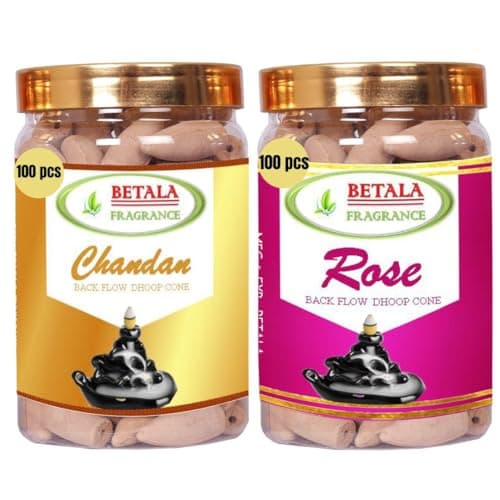 Betala Fragrance 2 in 1 Backflow Dhoop Cones, Chandan & Rose Flavour Backflow Incense Cones, 2 Packs of 100 Pcs Back Flow Cones (Sandal & Gulab)
