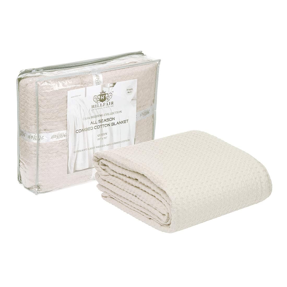 HILLFAIR 100% Combed Cotton Blanket– King Size Bed Blankets– Warm Soft All Season Breathable Lightweight Summer Blankets– Waffle Weave Home Decor Bed Blanket- Ivory King Bed Cotton Blankets/Bedcovers