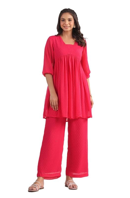 Janasya Women's Pink Dobby Georgette Self Design Gathered Co-ord Set (JAA24CD00047-J-XS)