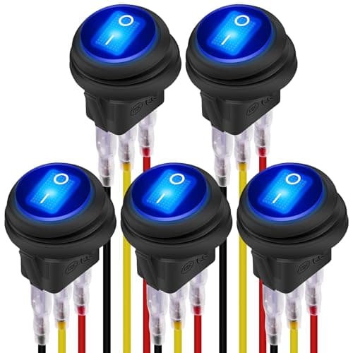 DaierTek 12V Waterproof Round Rocker Switch Blue LED Lighted UL Listed ON Off 3 Pin 12 Volt 20A Weatherproof Illuminated Toggle for Marine Car RV Truck 5Pack