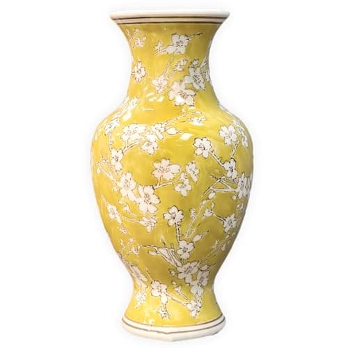 Galt International 14” Hand Painted Chinoiserie Ceramic Vase – Antique Style Porcelain Flower Bottle by Galt International, Fishtail Chinese Vase for Home Decor & Centerpiece - Yellow and White Sakura