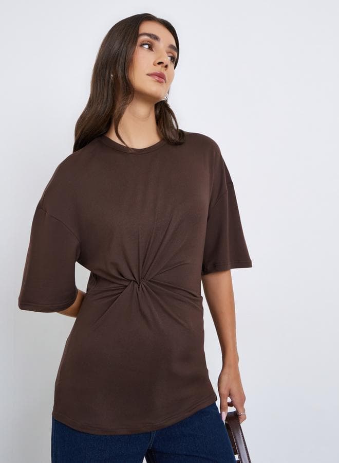 Women Brown Twist Front Oversized T-Shirt — M