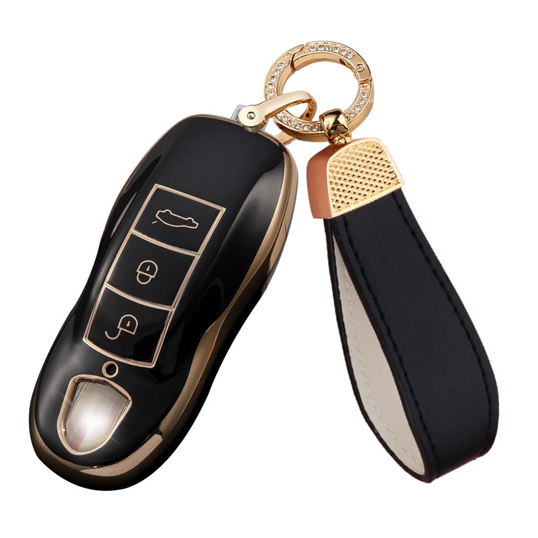 SANRILY Soft TPU Goldenedge Key Cover for Porsche 911 Cayenne Panamera Macan Keyless Full Protection Key Case Shell with Leather Keychain Black