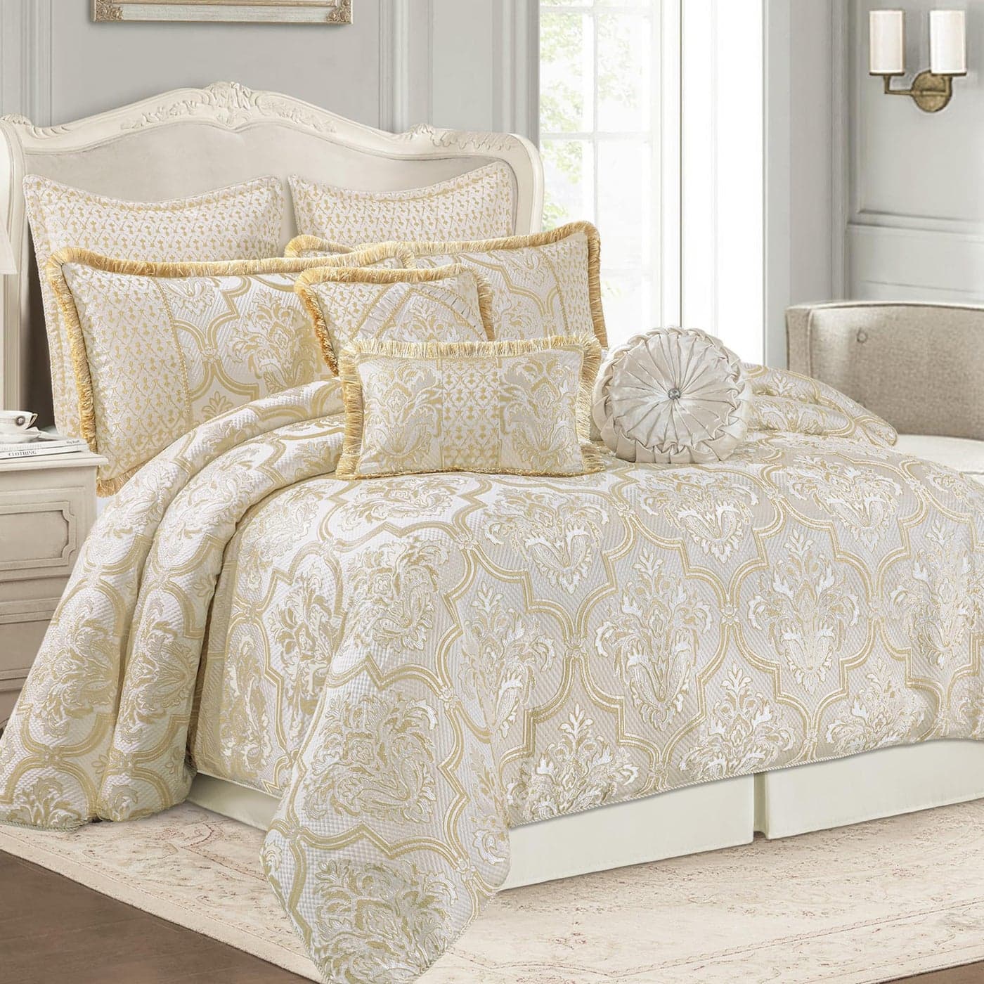 Loom and Mill 9Piece Comforter Bed in a Bag Elegant Damask Floral Comforter Sets King Size All Season Jacquard Bedding Sets with Bed Skirt Euro Shams and Decorative PillowsBeige Gold King