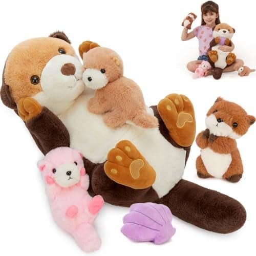 MorisMos 5Pcs Sea Otter Stuffed Animal with Babies,23.6'' Giant Mommy Stuffed Otter with 3 Babies & Plush Seashell, Boy Girl Sea Toys for Kids 3-5 Birthday Christmas Decor