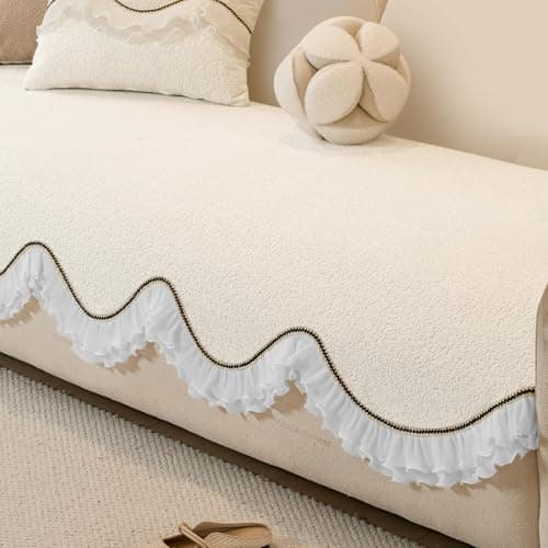 HOKIPO 'French Classic Frill' Sofa Cover Mat for 1/2/3 Seater & L Shape Sofa. Make Your Own Sofa Cover Set, Anti-Slip Mat Length 90(D) x 60(L) cm, Snow White Ivory (AR-6138-IVY)