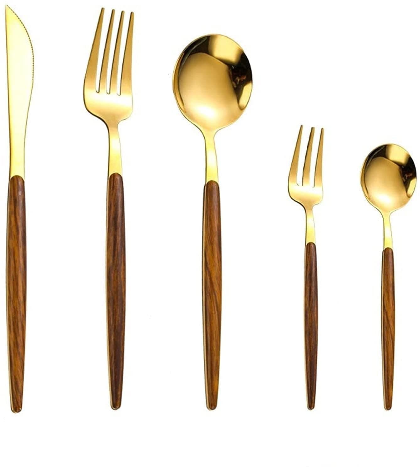 Luxury Flatware Royal 5 Piece Wooden Handle Handle 1810 Stainless Steel Tableware Sets for 1 Including Forks Spoons Knives Camping Silverware Travel Utensils Set Cutlery Pack of1 Gold