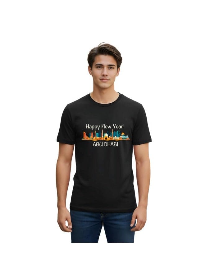 Happy New Year Abu Dhabi Themed Adult Men's T-Shirt-Celebrate In Stunning Abu Dhabi Round Neck Short Sleeve Cotton T-Shirt-Perfect For New Year Party