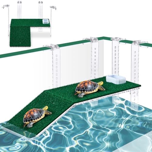 Reallnaive Adjustable Hanging Turtle Basking Platform with Artificial Grass Sturdy Acrylic Aquatic Reptile Ramp Dock Fits 0.3"-2" Thick Tank Salamander Frog Turtle Tank Accessories(15 x 8.1 Inch)