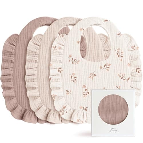 Konssy Muslin Baby Bibs for Girls – Soft 100% Cotton Drool Bibs, Ruffle Trim for Newborns & Toddlers 0-36 Months 3-Pack