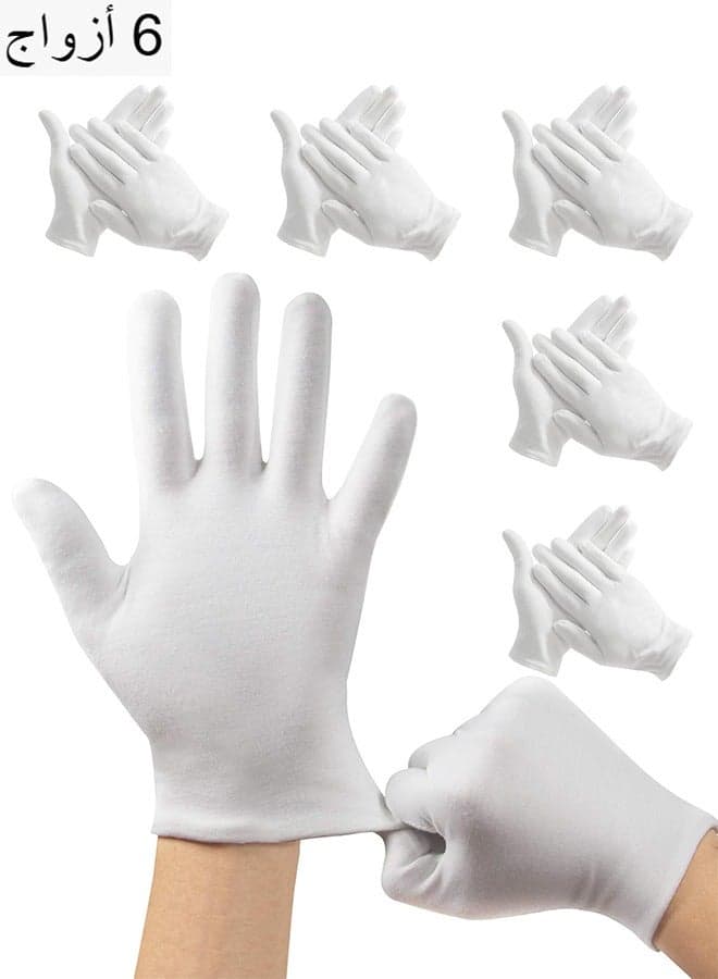 Six Pairs White Cotton Gloves for Inspection Jewelry Silver Coin Archiving Costume Dry Hands Moisturizing SPA Suitable for Women Men with Eczema