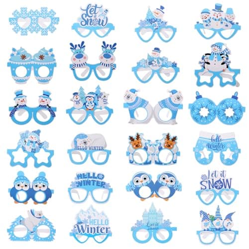 AmazingSpark 24 Pcs Winter Paper Eyeglasses Party Favors Snowflake Glasses Wonderland Winter Party Decorations Snowman Photo Booth Props for Holiday New Year Christmas Birthday Supplies 24 Styles