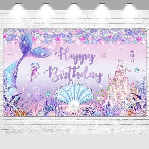 Avezano Mermaid Birthday Banner Mermaid Birthday Backdrop Under The Sea Backdrop for Girls Party Decorations Princess Castle Scales Photo Booth Props 6 x 36 ft