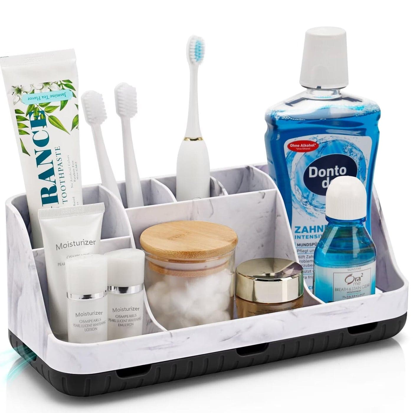 GFWARE Marble Bathroom Countertop Organizer Detachable 7 Slots Kids Electric Toothbrush and Toothpaste Holde Drainage for Bathroom Accessories Organization Counter Vanity Storage Black
