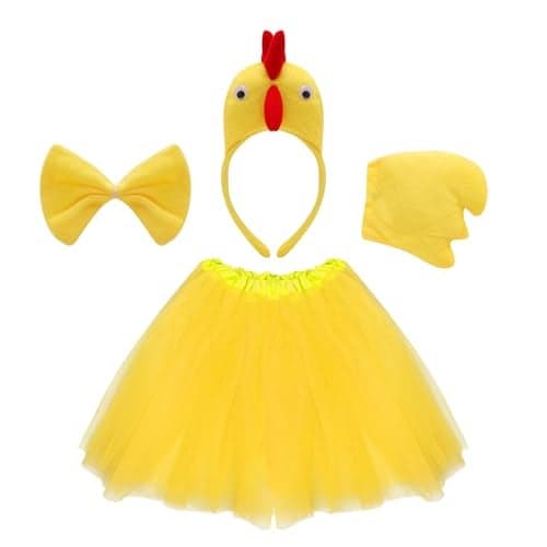 Fumwase 4 Pieces Chicken Animal Costume Chick Headband Bowtie Tail Tutus Set for Halloween Dress Up Cosplay Party Yellow