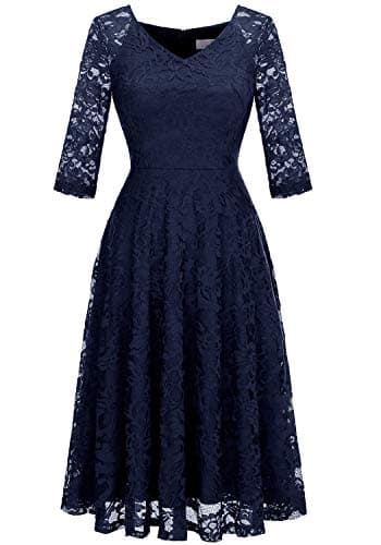 Dressystar Womens Long-Sleeve Wedding Guest Dress A-Line Lace Formal Party Cocktail Midi Dress Prom Gown Navy XL