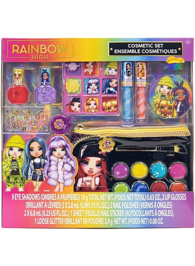 Rainbow High Cosmetic Makeup with Palette Bag Set Includes Lip Gloss, Nail Polish & Eye Shadow and More! for Kids Girls, Ages 6+ Perfect for Parties, Sleepovers and Makeovers