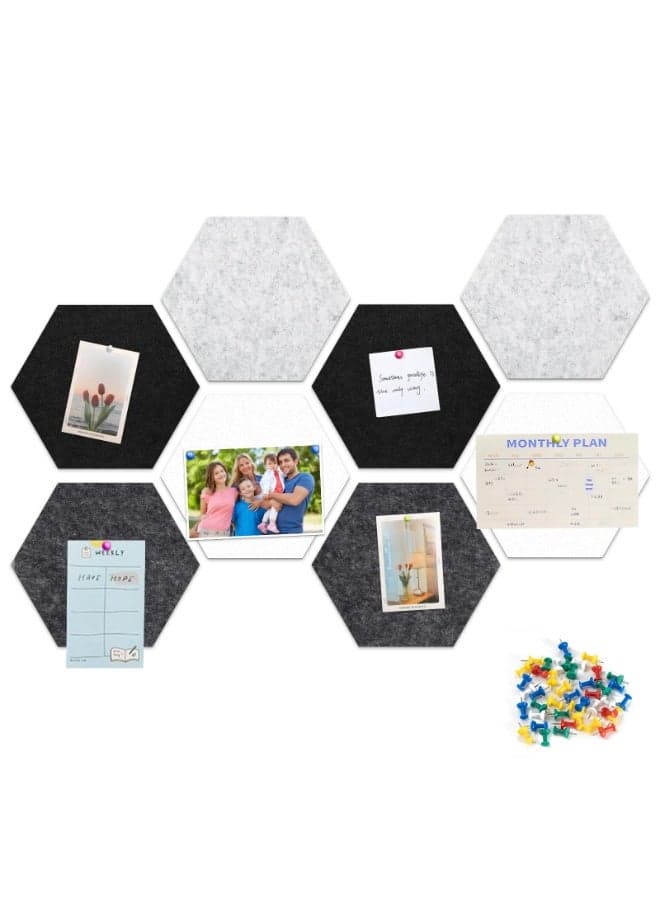 8 Pack Hexagon Felt Large Bulletin Board Self-Adhesive Sound Absorbing Wall Tiles,30 Push Pins Included, Acoustic Panels for Home Office Kindergarten Decor, Photos Memos Notice Board,Black Grey