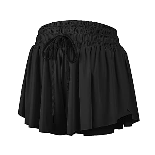 Flowy Athletic Shorts for Women Gym Yoga Workout Running Sweat Short Pants Spandex Butterfly Tennis Skort Skirt with Pockets Underneath Girls Cute Comfy Trendy Clothes Casual Summer Outfits Black S