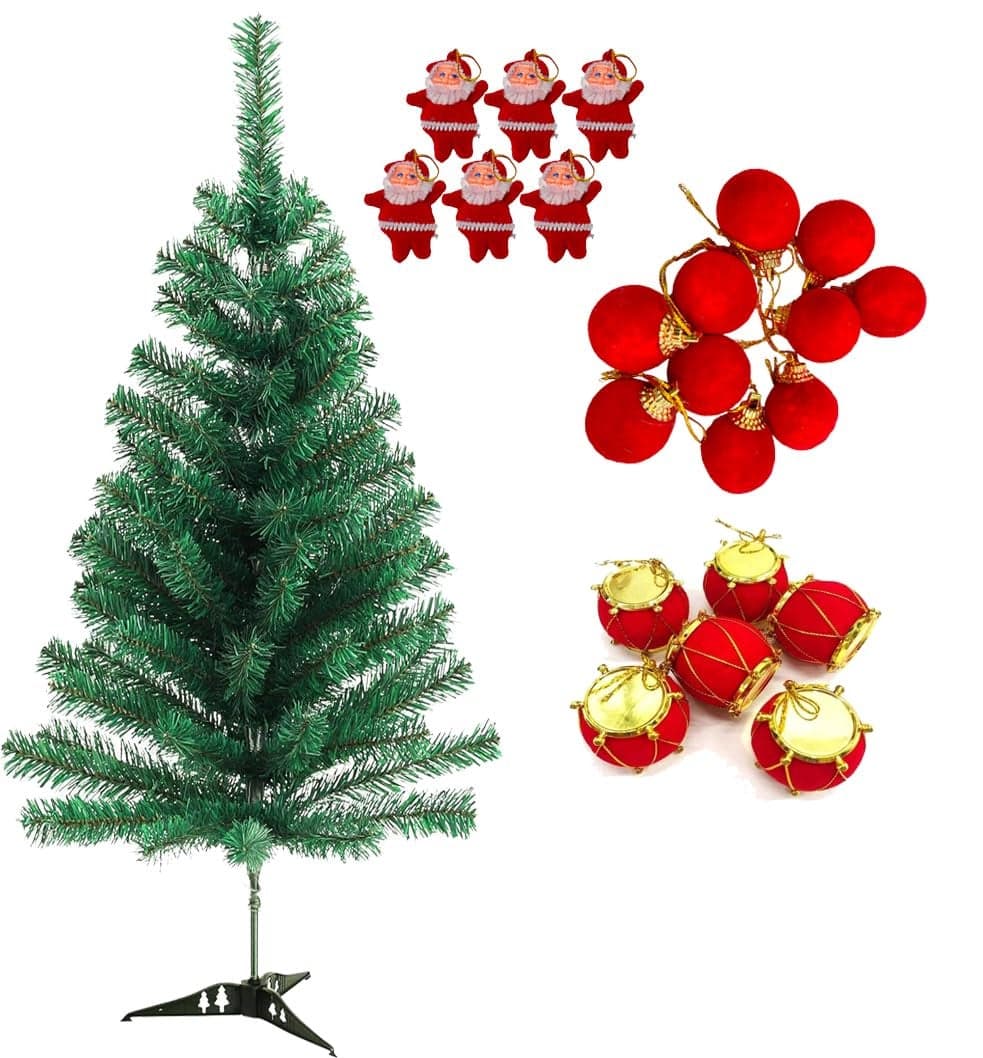 Evisha 6 Drum 6 Santa 12 Velvet Balls Red Theme Christmas Tree Hanging Ornaments and 4 Ft Artificial Christmas Tree for Christmas Party Decoration