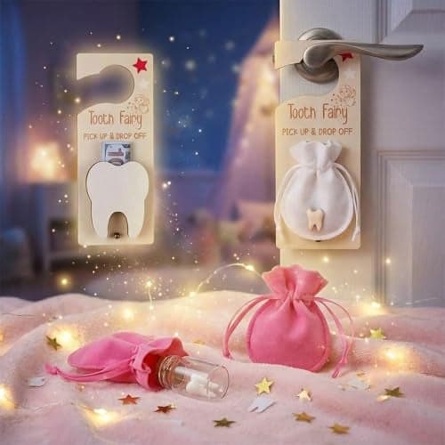 DoubleFill Fairy Tooth Gift Holder Bag Door Hanger Lost Teeth Keepsake Box Tooth Fairy Kit Stores Back to School Gift for Lost Teeth Boy Girl Primary School Classroom GiftsClassicRose Red