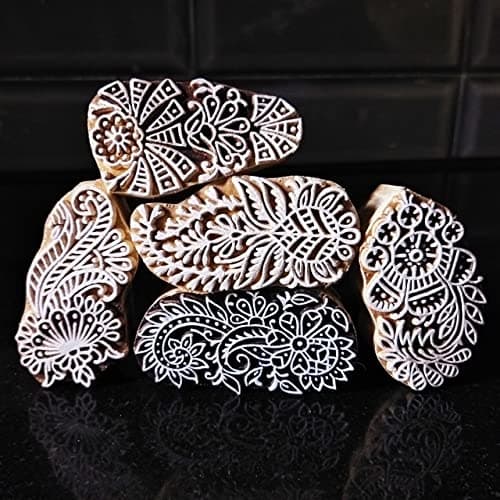 ecofynd Round Wood Block Stamps (Pack of 5), Wooden Blocks for Block Printing Stamp Set, Artistic Shapes Craft Kids Saree Border DIY Henna Fabric Textile Paper Clay Pottery Hand-Carved (BLOCK010)