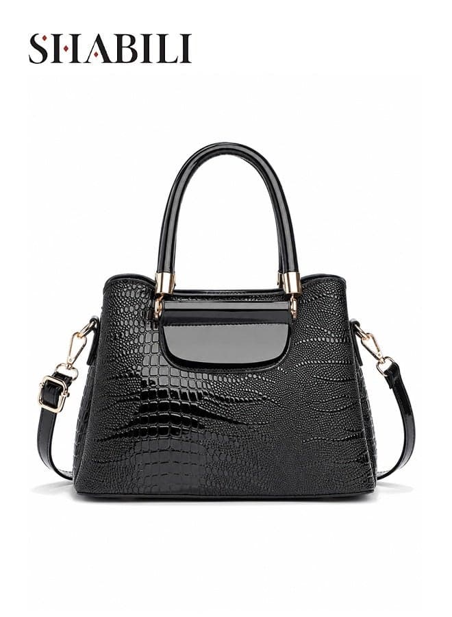 Women PU Shoulder Crossbody Tote Satchel Handbag, Ladies Large-Capacity Multi-Pocket Crocodile Pattern Bag with Detachable Strap for Teenager Youth Daily Casual Party Travel Cross Bags (Black)