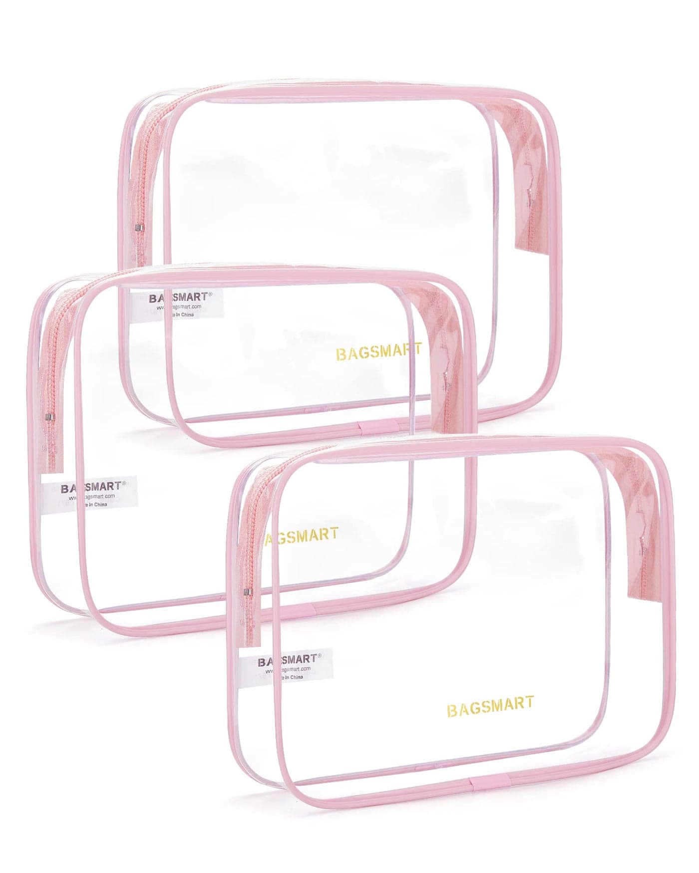 BAGSMART Clear Toiletry Bag, 3 Pack TSA Approved Travel Toiletry bag Carry on Travel Accessories Bag Airport Airline Quart Size Bags Water Repellent Makeup Cosmetic Bag for Women (Pink-3pcs)