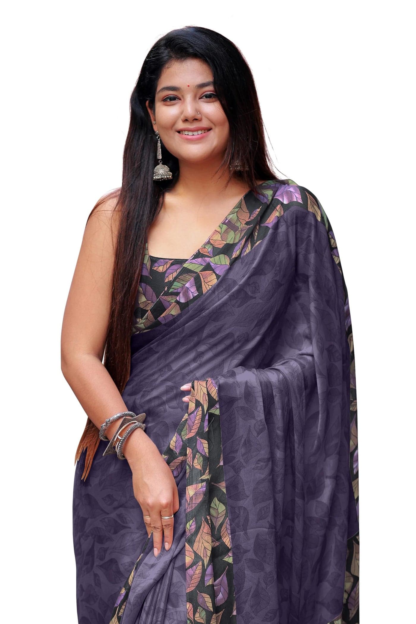 MIRCHI FASHION Women's Chiffon Leaf Printed Saree with Blouse Piece (50033 - Dark Purple, Black, Multi)