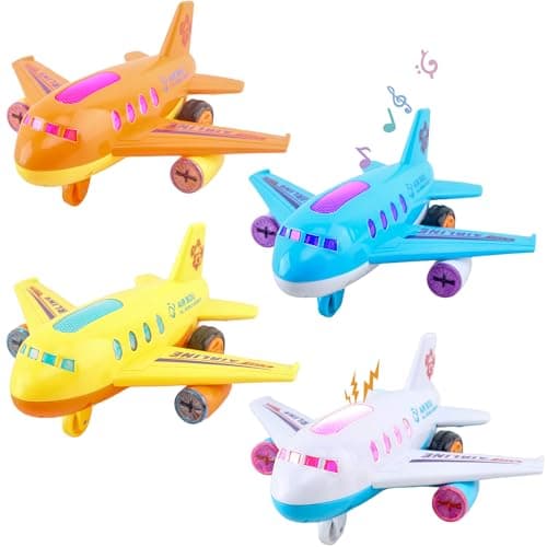Drayear 4 Pack Light Up Airplane Toys Friction Powered Push Airplane Toy with Lights and Sounds for Kids Birthday Christmas Childrens Day Gift Early Educational Toys