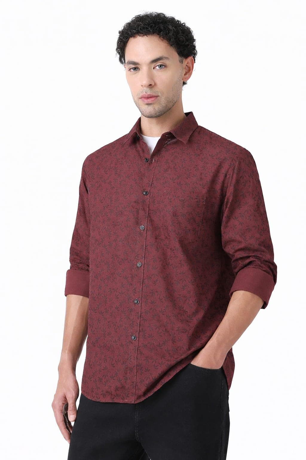 Peter England Men Maroon Slim Fit Print Full Sleeves Casual Shirt